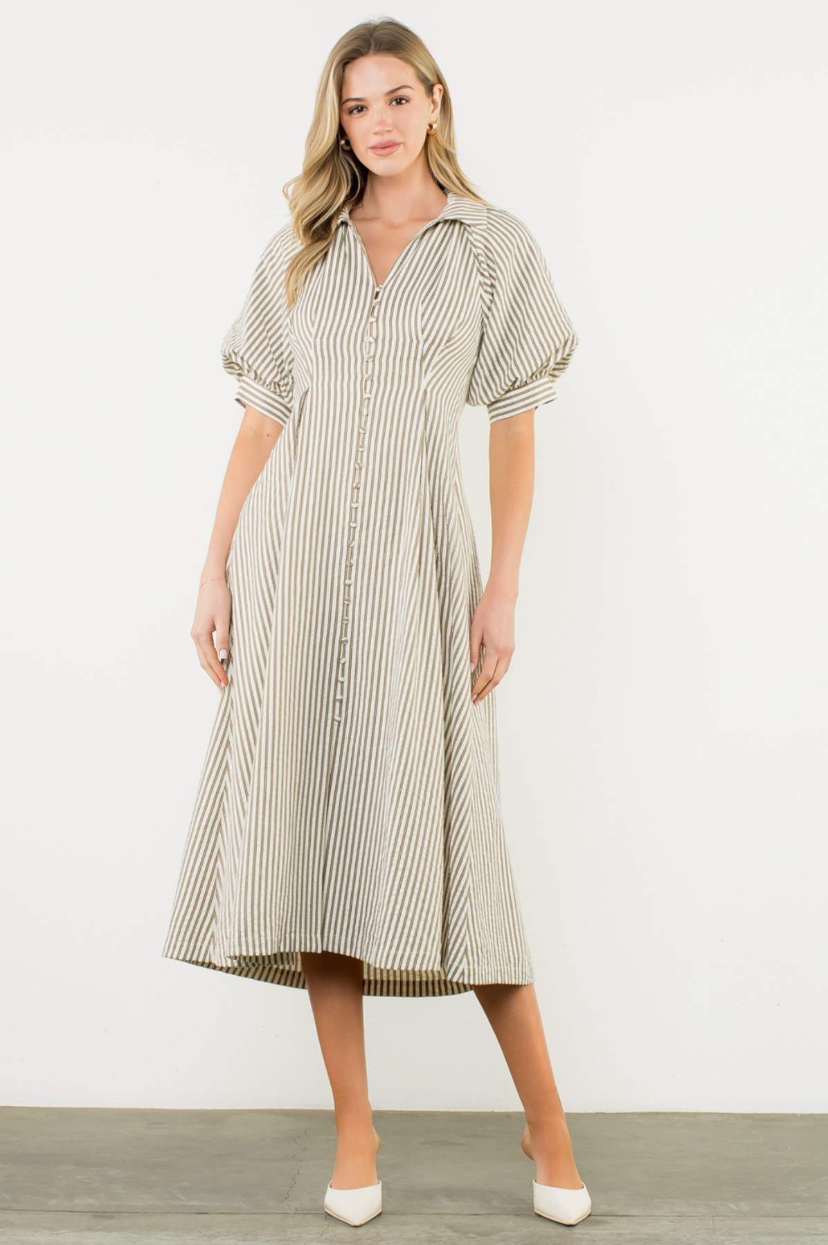 Puff Sleeve Striped Button Maxi Dress
