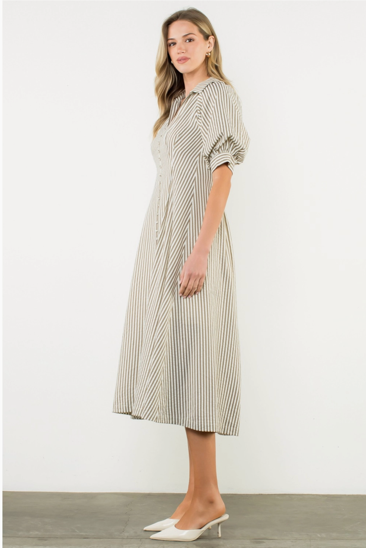 Puff Sleeve Striped Button Maxi Dress