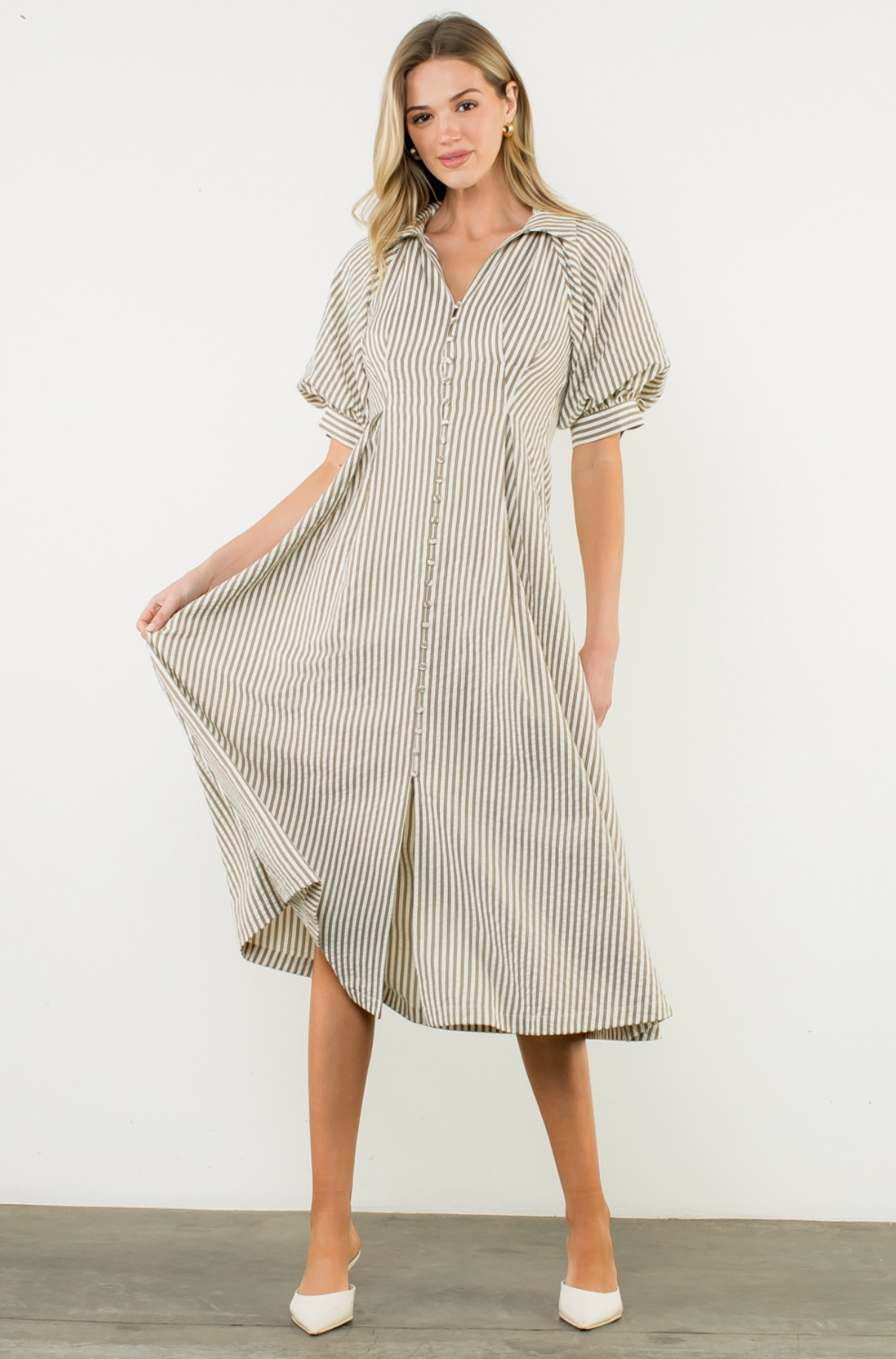 Puff Sleeve Striped Button Maxi Dress