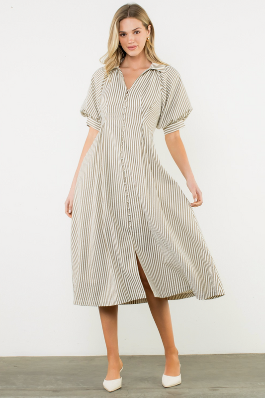 Puff Sleeve Striped Button Maxi Dress
