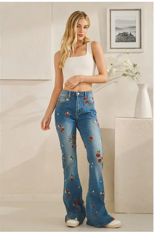 Strawberry Embroidered Denim