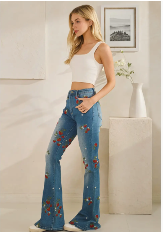 Strawberry Embroidered Denim
