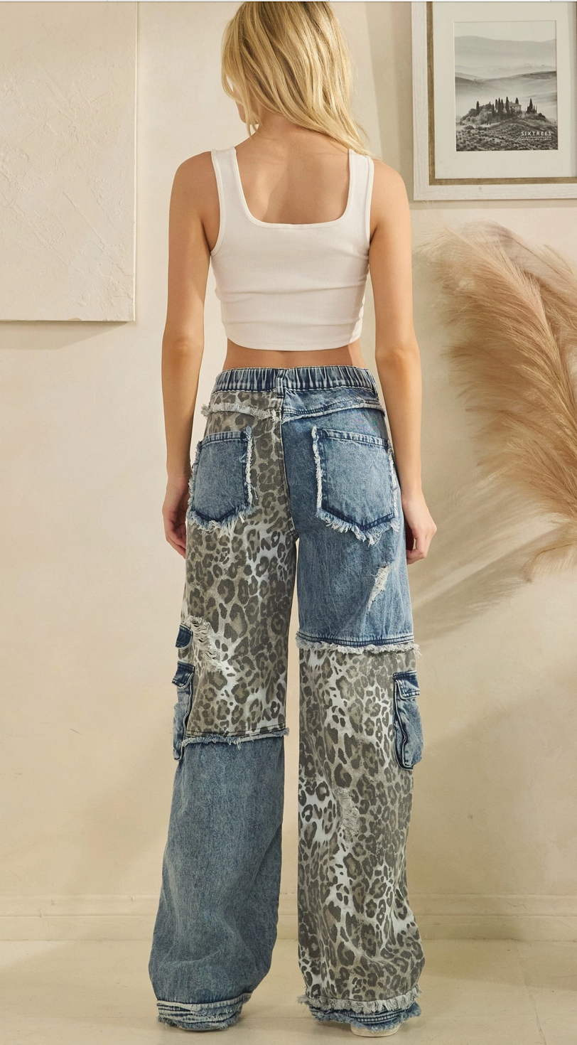 Washed Leopard Print Denim