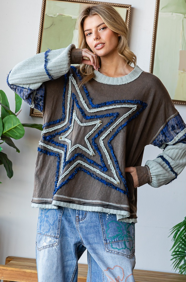 Washed Star Patchwork Long Sleeve Top