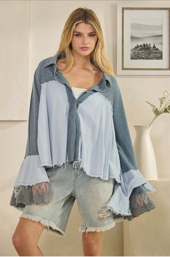 Washed Flare Long Sleeve Ruffle Top