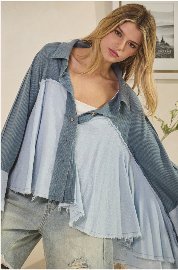 Washed Flare Long Sleeve Ruffle Top