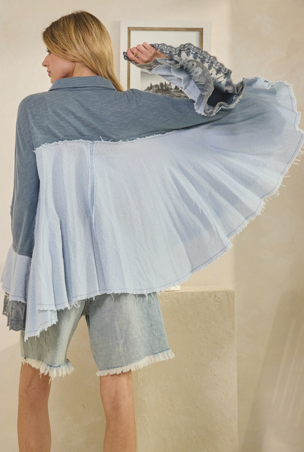 Washed Flare Long Sleeve Ruffle Top