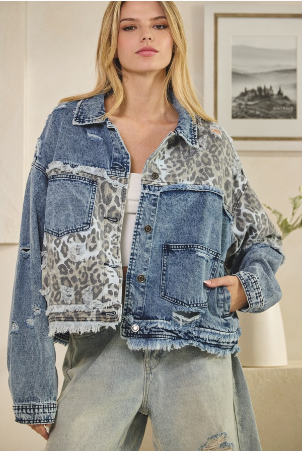 Washed Denim Leopard Jacket