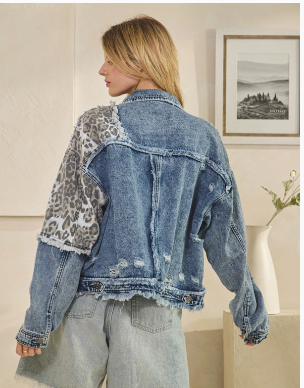 Washed Denim Leopard Jacket