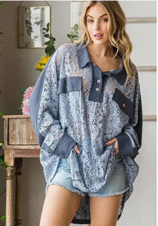 Blue Mixed Media Lace Top