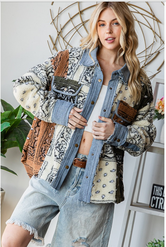 Bandana Print Sherpa Jacket