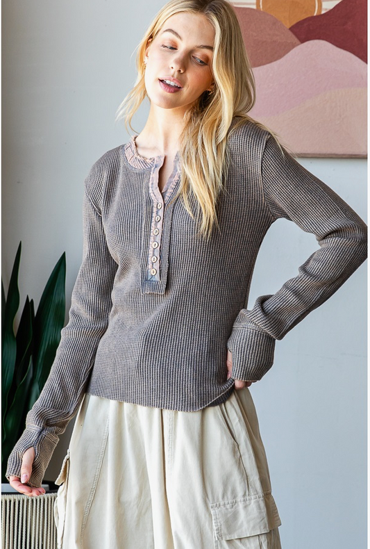 Mineral Washed Henley Thermal Top