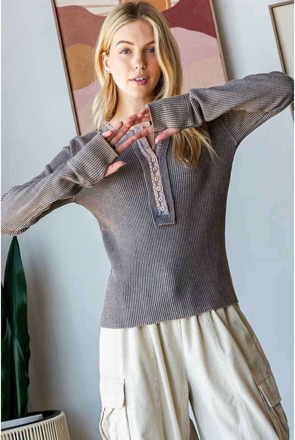 Mineral Washed Henley Thermal Top