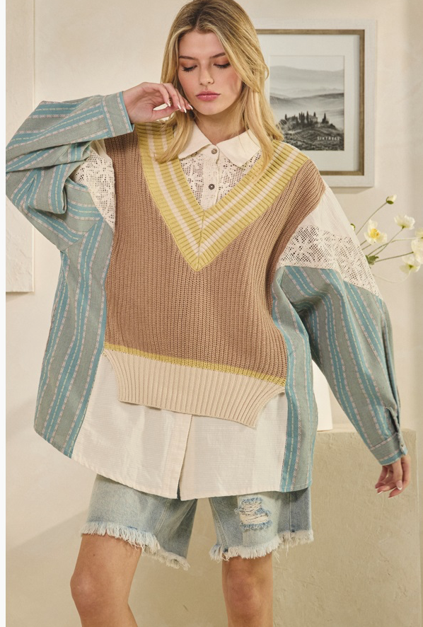 Blue/Taupe Oversized Sweater Vest