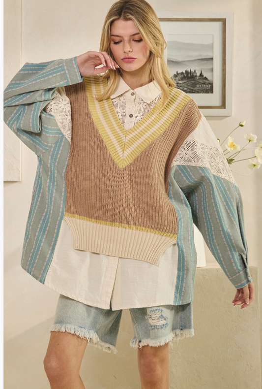 Blue/Taupe Oversized Sweater Vest