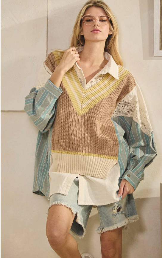 Blue/Taupe Oversized Sweater Vest