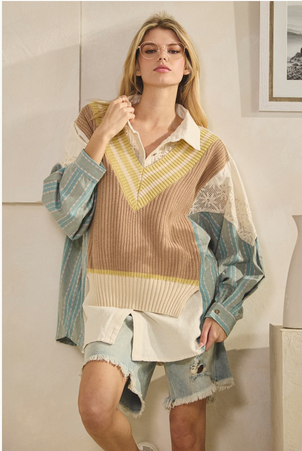 Blue/Taupe Oversized Sweater Vest