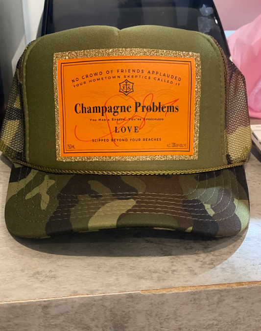 "Champagne Problems" Camo Glitter Trucker Hat : Dark Camo Hat - No Gold Star Patch