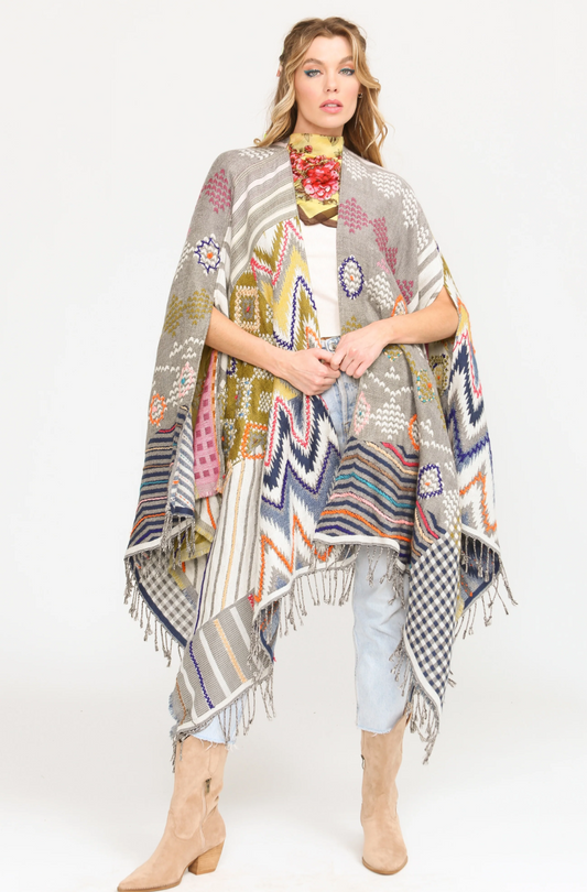 Aratta Snow White Poncho Hand Stitched Jaquard