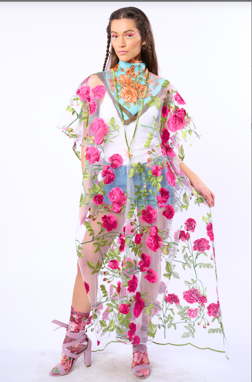 Aratta Holiday of Love Embroidered Mesh Kimono
