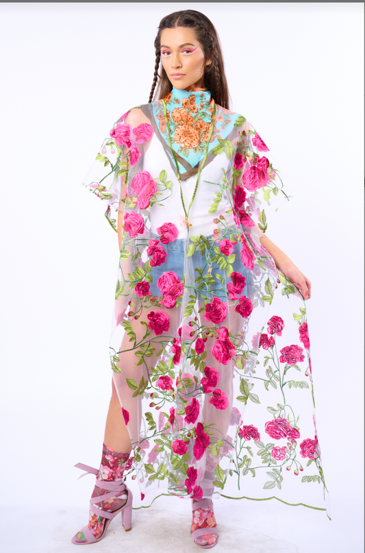 Aratta Holiday of Love Embroidered Mesh Kimono