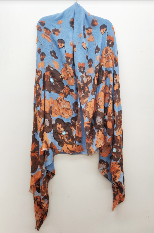 Aratta Aurelia Hand Stitched Shawl-Blue/Rust