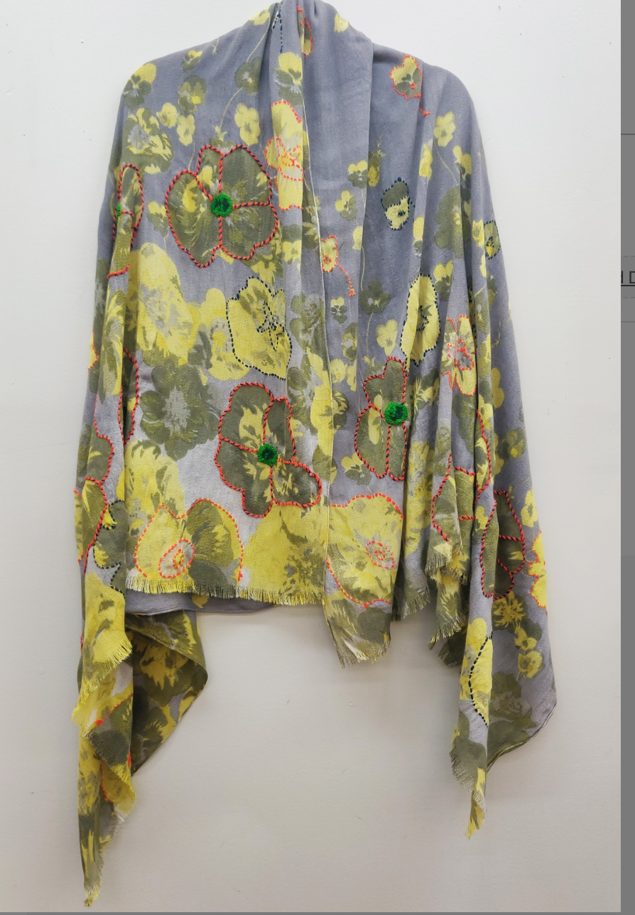 Aratta Aurelia Hand Stitched Shawl- Gray/Yellow