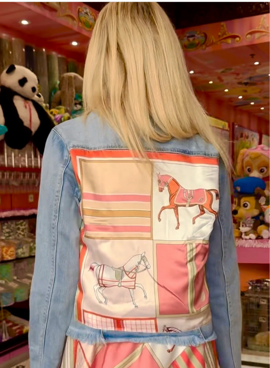 Light Denim Jacket / Sage and Coral Horse