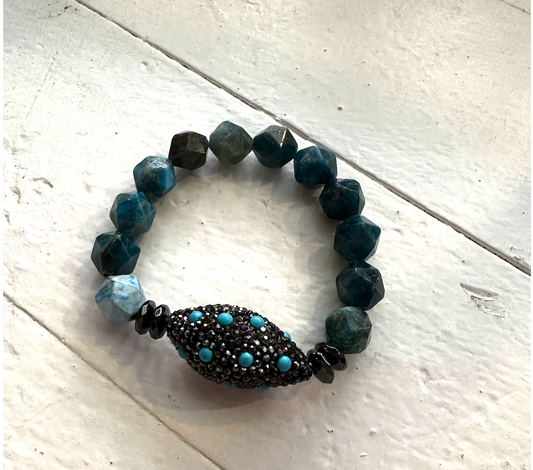 Blue Apatite Beads with Black Crystal & Turquoise Bead Bracelet