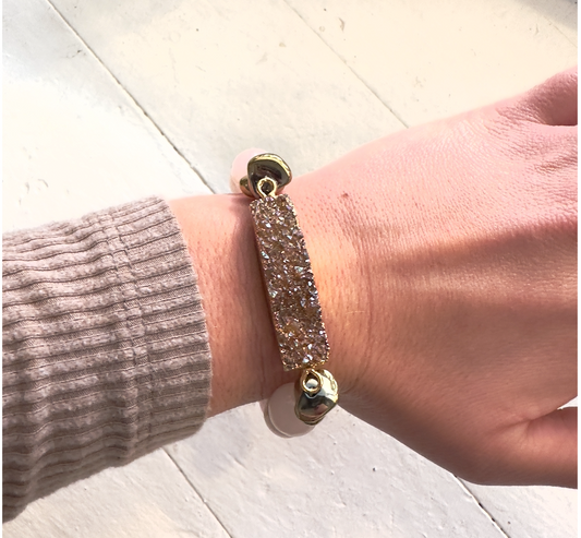 Pink Quartz W/ Peach Druzy Bar Bracelet
