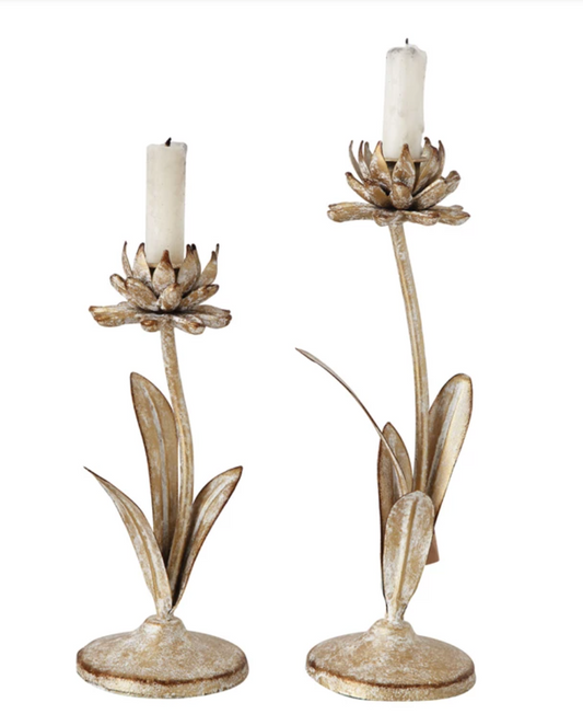 Gold Flower Metal Taper Holder Set of 2