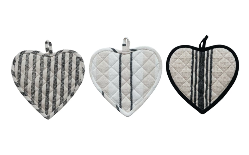 Cotton Quilted Heart Shaped Pot Holder w/ Stripes