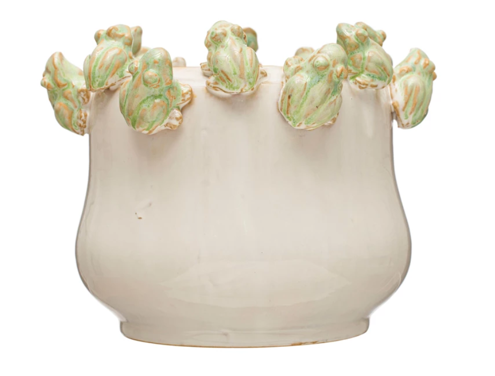 Stoneware Planter w/ Frogs on Rim, Reactive Glaze, White & Green (Each One Will Vary)