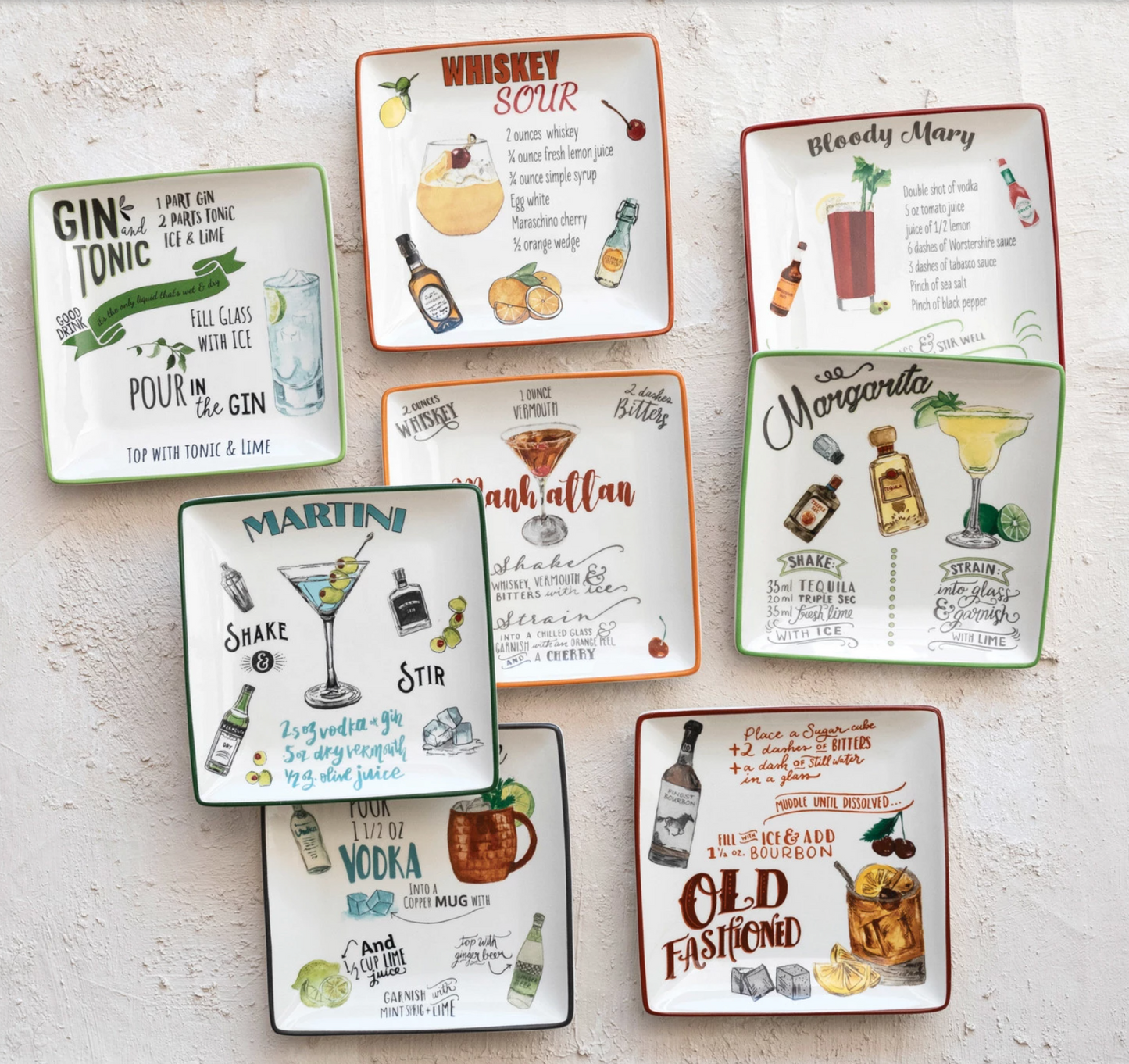 Stoneware Plate w/ Cocktail Recipe & Art, 8 Styles