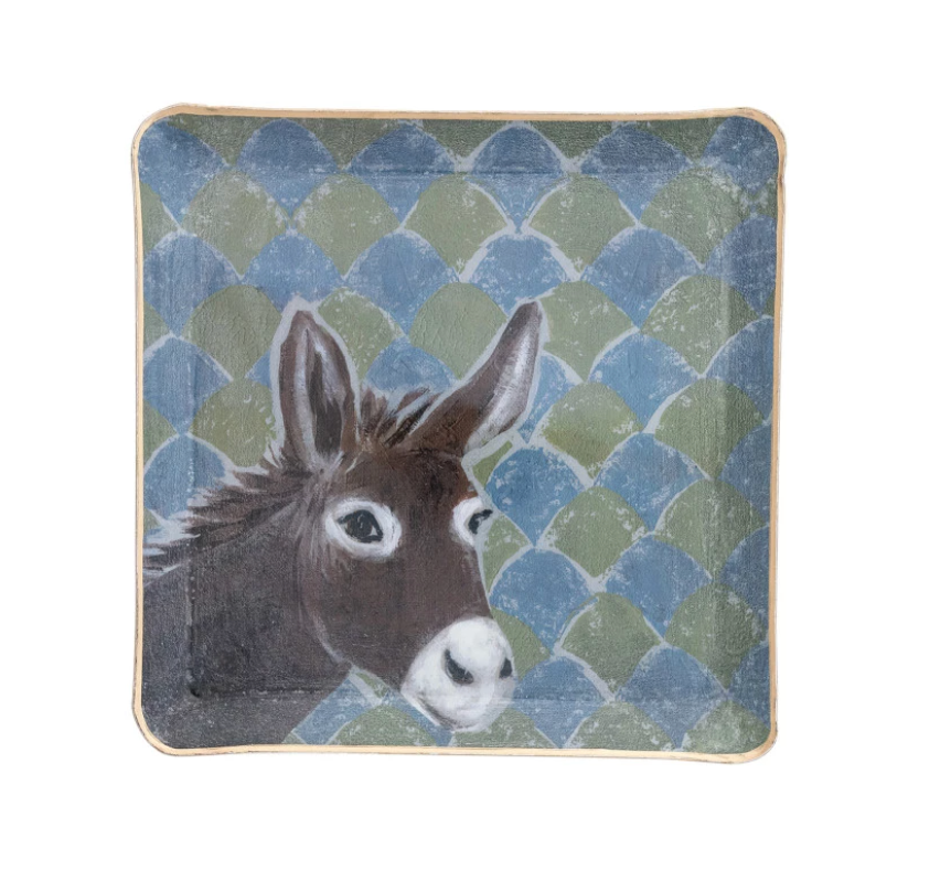 Enameled Metal Tray with Animal Image & Gold Edge, 2 Styles