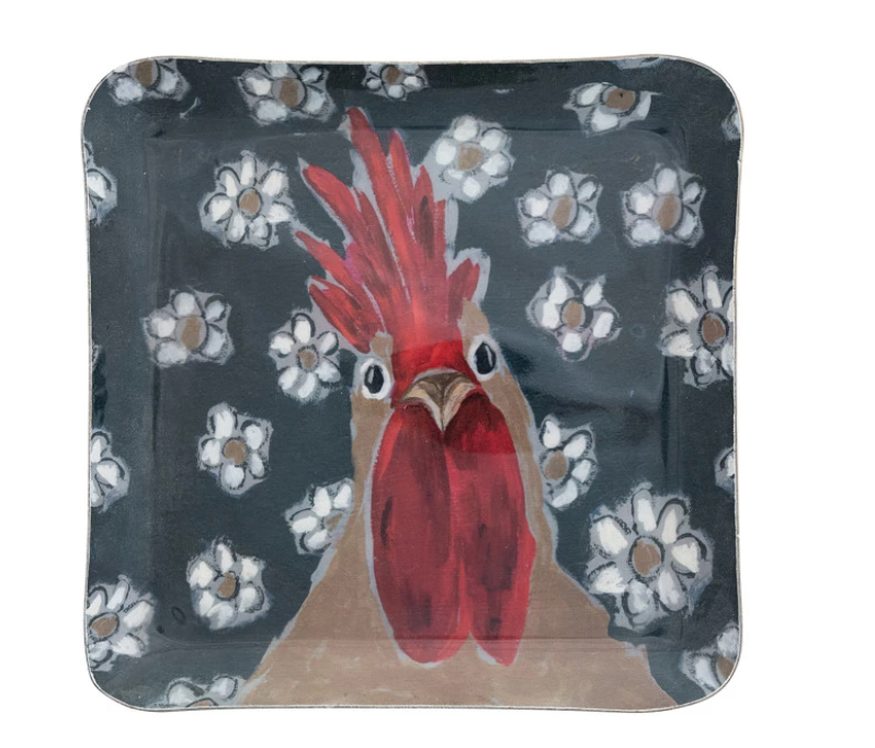 Enameled Metal Tray with Animal Image & Gold Edge, 2 Styles