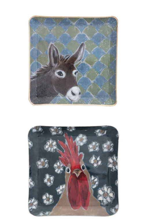 Enameled Metal Tray with Animal Image & Gold Edge, 2 Styles