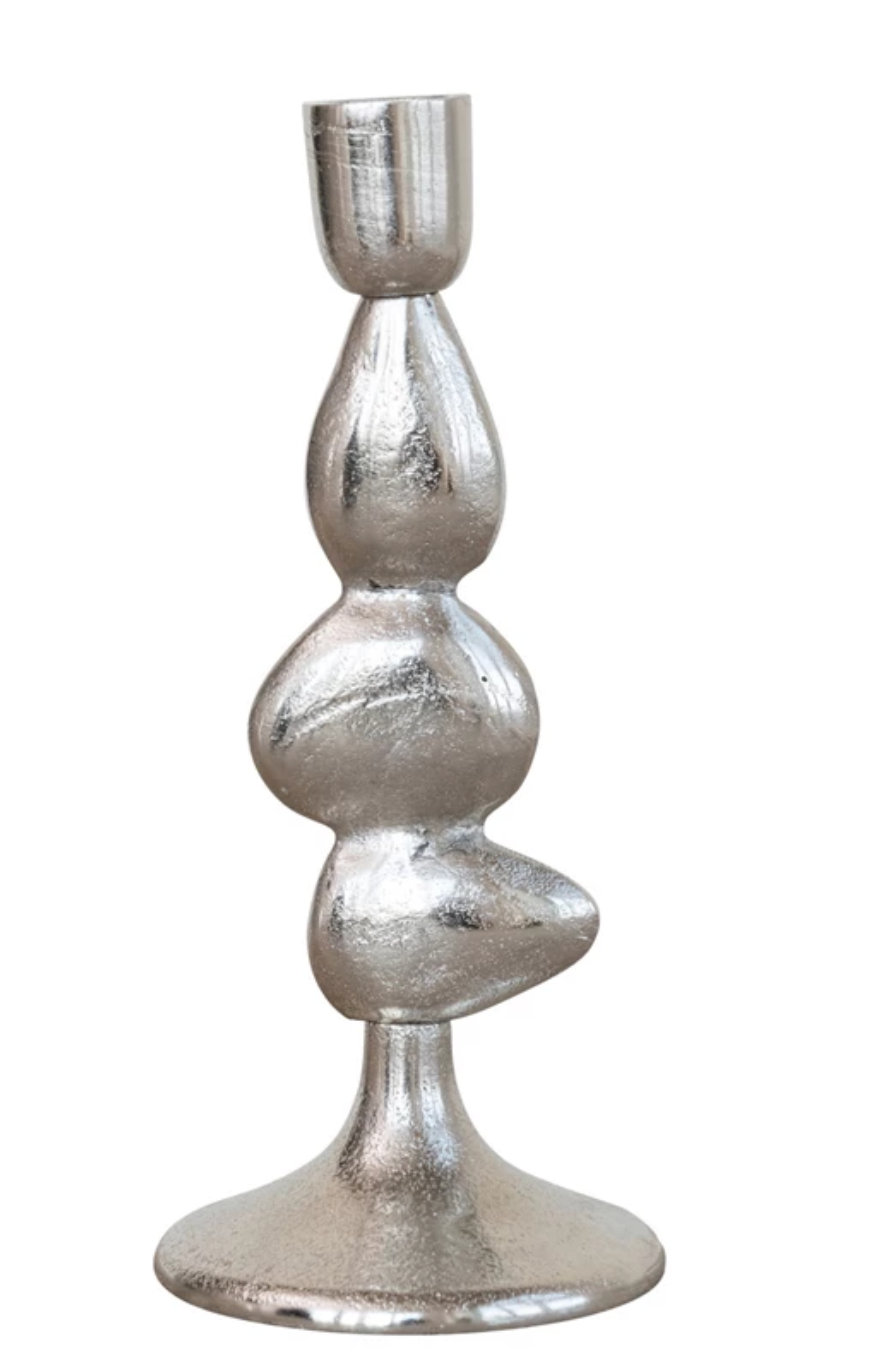 Cast Aluminum Organic Shaped Stacked Taper Holder, Nickel Finish