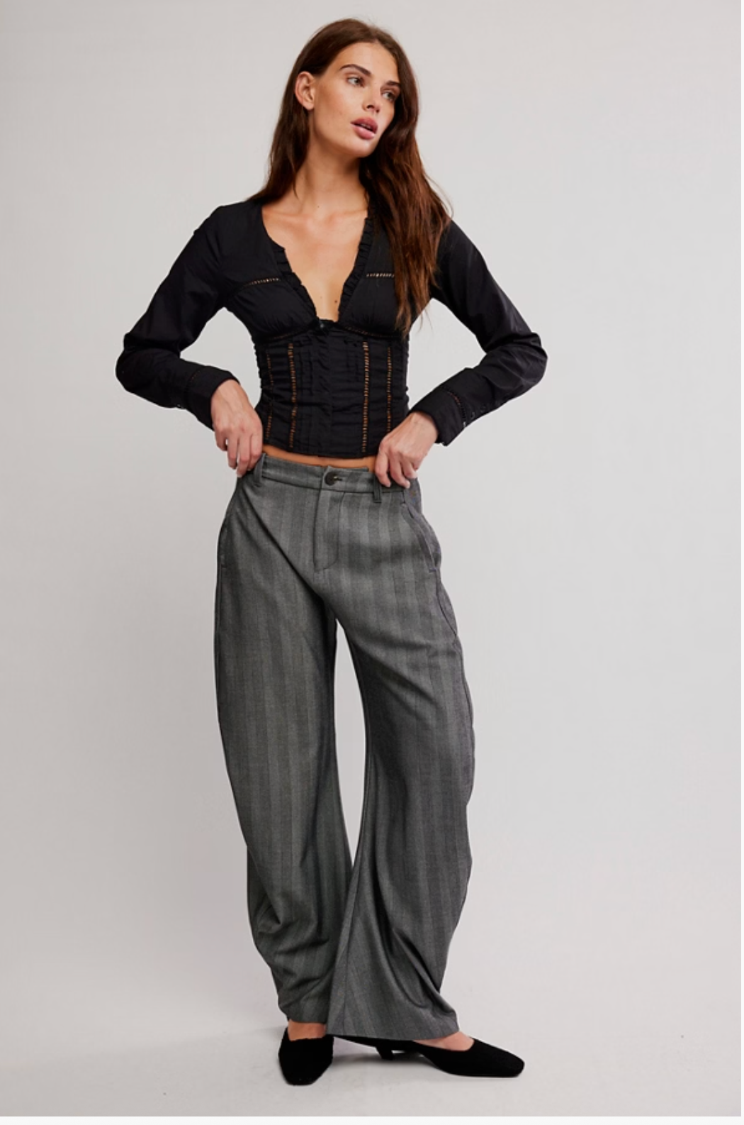 Free People Spotlight Barrel Pinstripe Trousers – Nikko Blu Boutique display picture 1