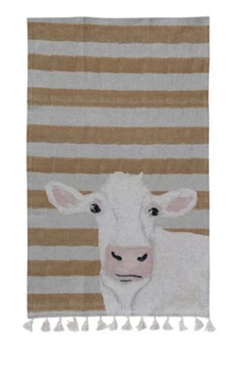 Cotton & Linen Printed Tea Towel with Pom Poms/Tassels