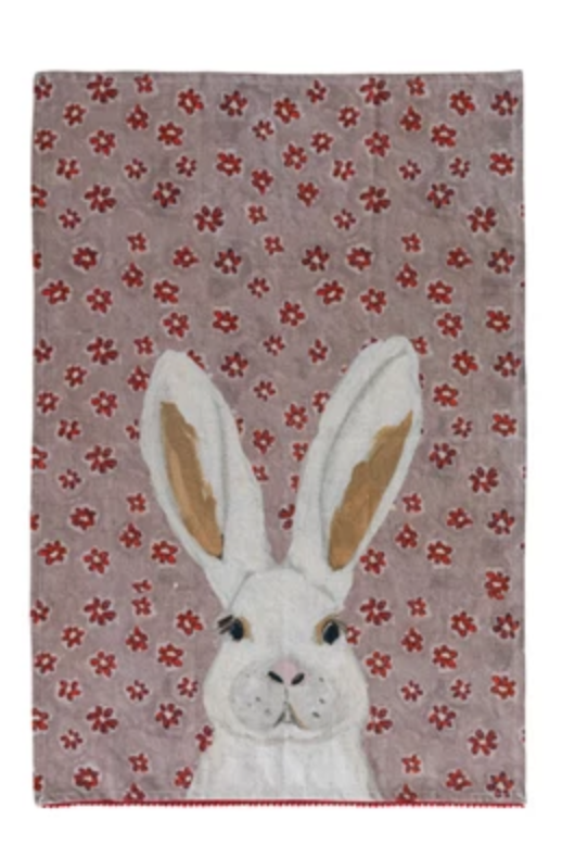 Cotton & Linen Printed Tea Towel with Pom Poms/Tassels