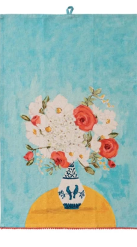 Cotton & Linen Printed Tea Towel w/ Flowers in Vase & Mini Pom Pom Trim