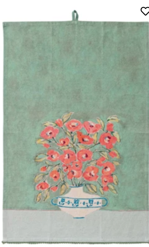 Cotton & Linen Printed Tea Towel w/ Flowers in Vase & Mini Pom Pom Trim