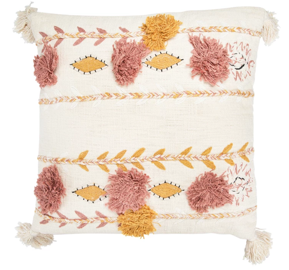 20" Cotton Embroidered Pillow w/ Tassels
