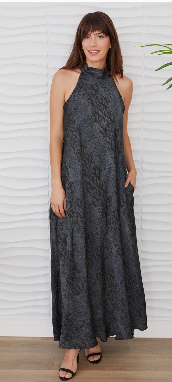Grey Python Mock Neck Maxi Dress