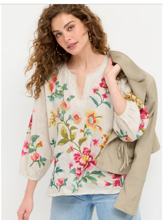 Johnny Was Split Neck Linen Blouse