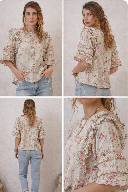 Paper Lace  Layered Ruffle Flower Print Top