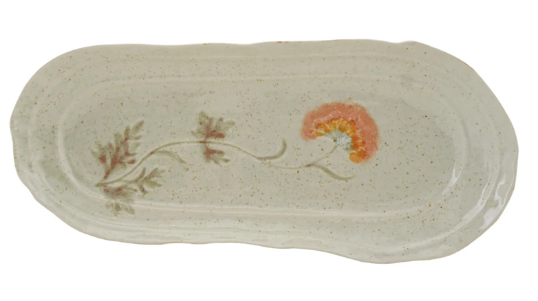 Stoneware Platter with Organic Flower