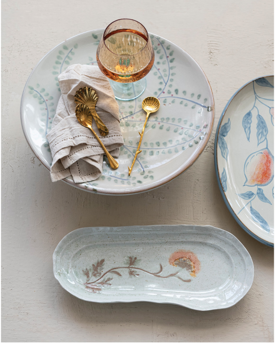 Stoneware Platter with Organic Flower
