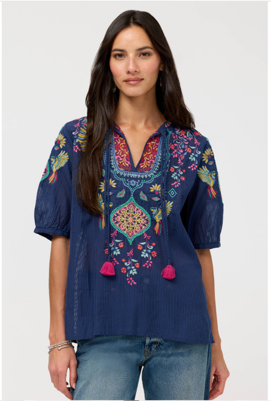 Johnny Was Margot Short Sleeve Blouse Blue Night